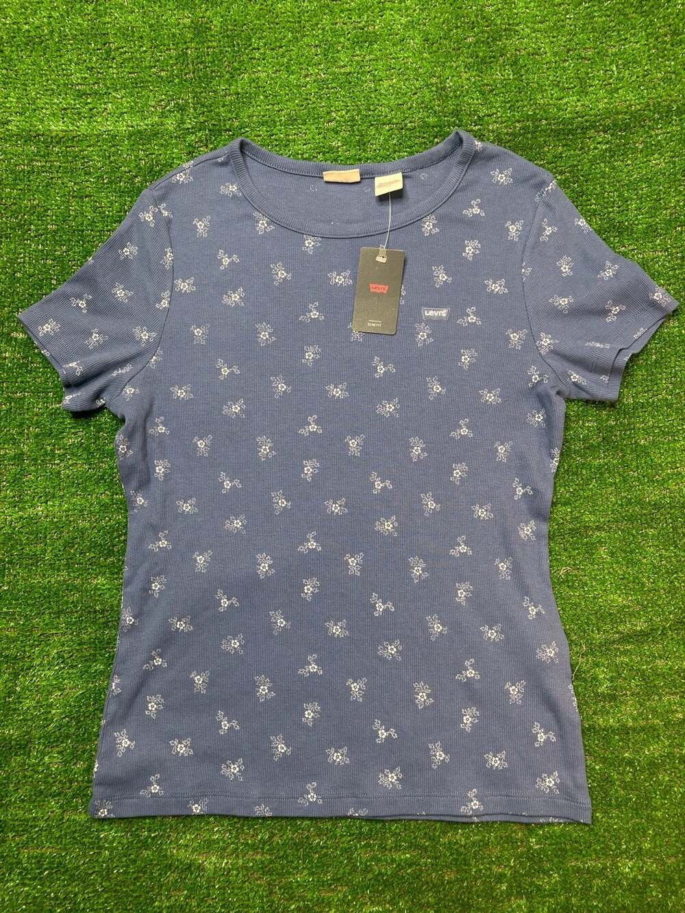 Levi's Women's Hayes Short Sleeve Crew Ribbed Printed Tee Blue Floral Size L New